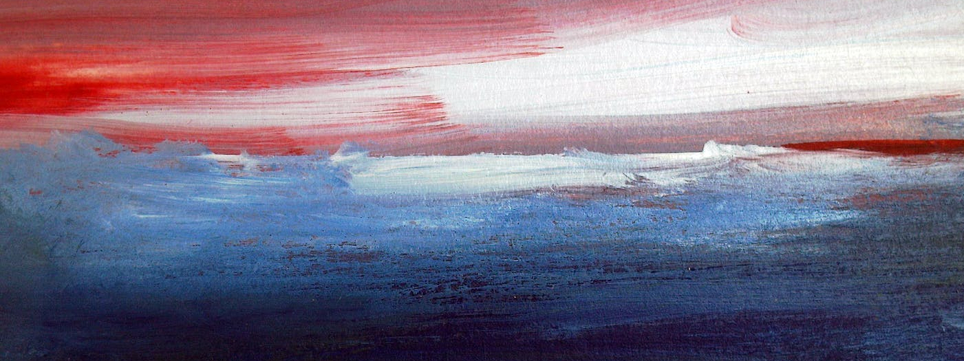 a photo of a blue and red abstract painting with thick brush strokes blending the two colours to gether, with blue dominant on the bottom, red on the top